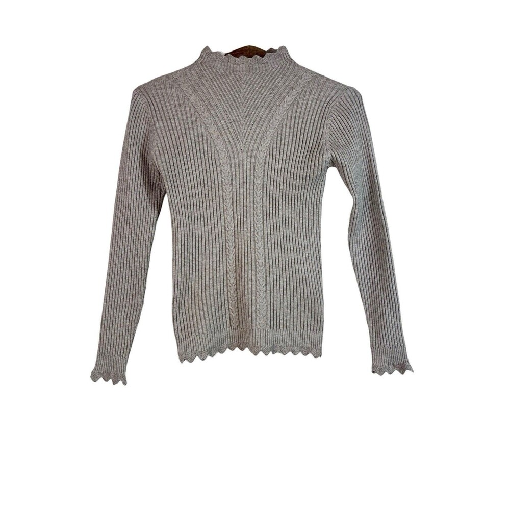 Misty Light Brown Ribbed Scalloped Mock Neck Knit Sweater Small Cottagecore